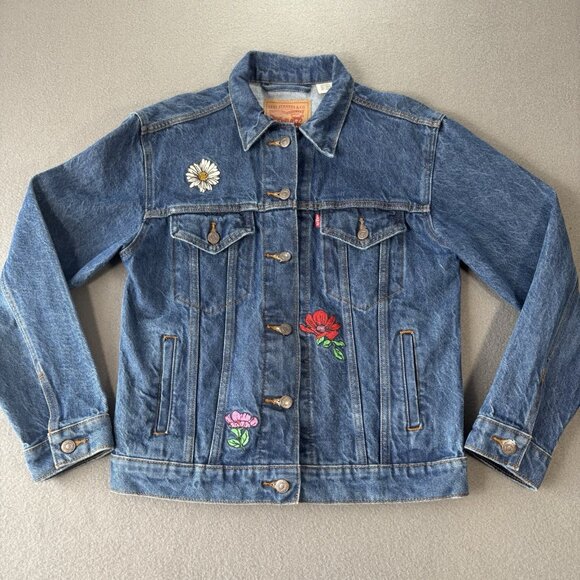 Levi's Jackets & Blazers - Levi's Ex-Boyfriend Denim Jacket Womens S Floral Embroidered Patch Trucker Coat